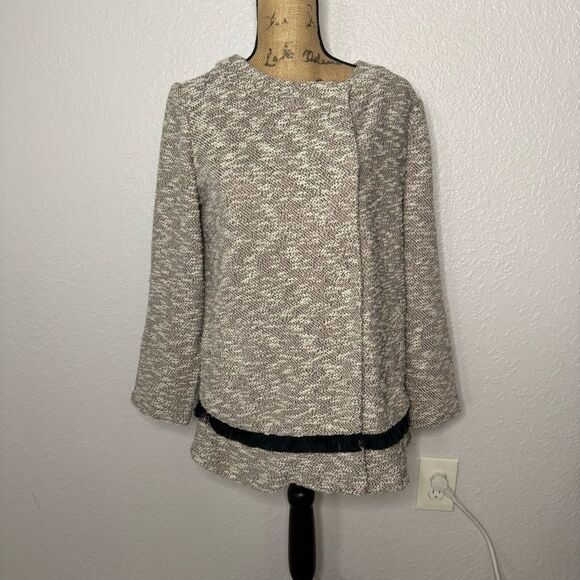 LOGO By Lori Goldstein Boucle Coat Caridgan Fringe Detail Gray Side Snap Size M - Picture 1 of 10